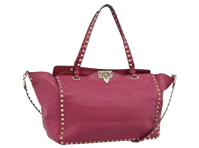 VALENTINO Studs Tote Bag Leder 2way Pink Gold Auth BA13360 Golden