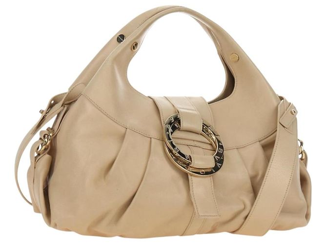 Bulgari Bolsa BVLGARI Chandra de Couro 2way Bege Dourado Auth 184697A