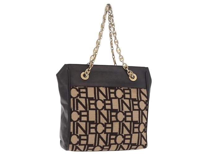 Céline Bolsa de Ombro com Corrente CELINE em Tecidos de Malha Bege Ouro Auth 185422A Dourado