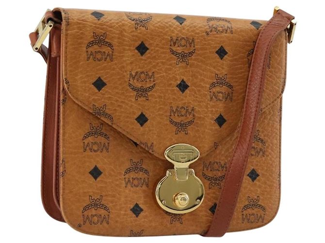 Borsa a Spalla MCM Vicetos Logogram PVC Pelle Marrone Oro Auth 184502 D'oro