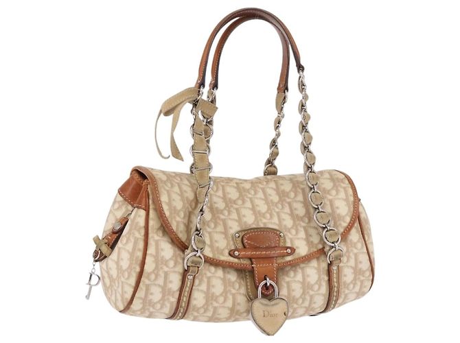 Borsa Christian Dior Trotter Canvas Romantic Chain Ivory Silver Auth 184735A Argento Crudo