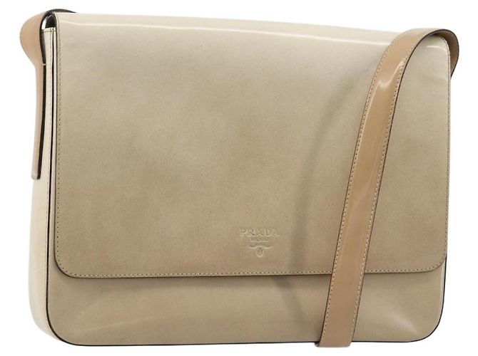 PRADA Shoulder Bag Patent leather Beige Silver Auth bs35591