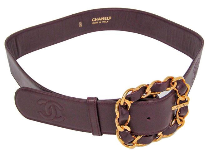Cinturón de cuero para mujer con hebilla de cadena Coco Mark Chanel Burdeos