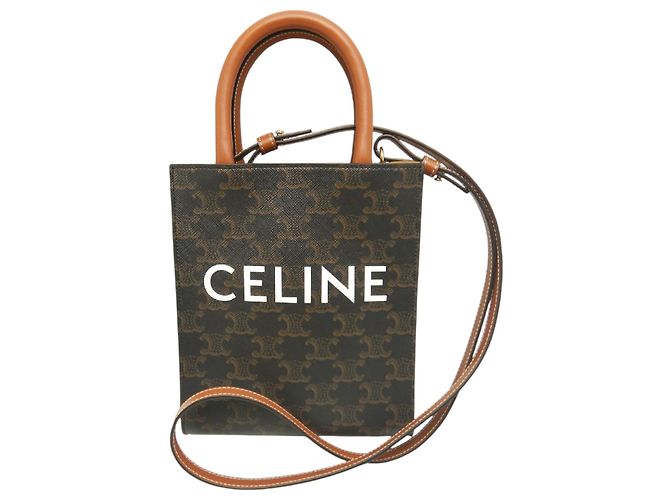 Céline Celine Sac Cabas Vertical Mini Triomphe en Toile Enduite Marron Marron foncé