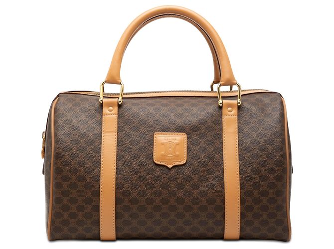Céline Celine Brown Macadam Coated Canvas Boston Bag