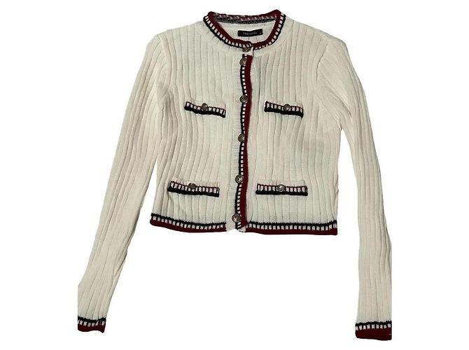 Autre Marque TRENDYOL weißer Strickcardigan mit kontrastierendem Besatz Schwarz Rot