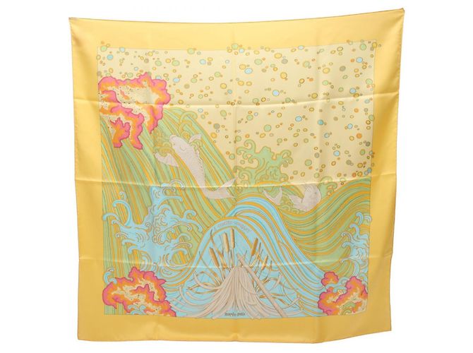 Hermès Sciarpa Hermes Carre 90 A CONTRE COURANT Blu Multicolore Giallo