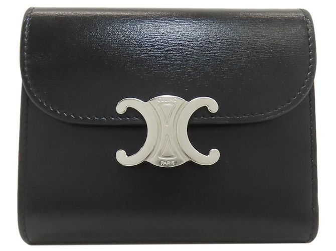 Céline Celine Triomphe Flap Tri-fold Wallet Black