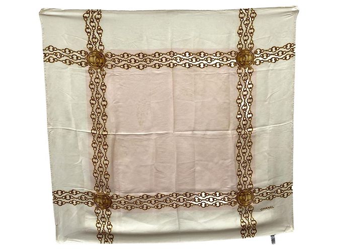 Chanel Coco Mark Chain Pattern Silk Scarf Pink