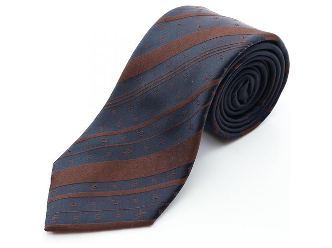 Louis Vuitton Monogram Stripe Silk Tie Brown Navy blue