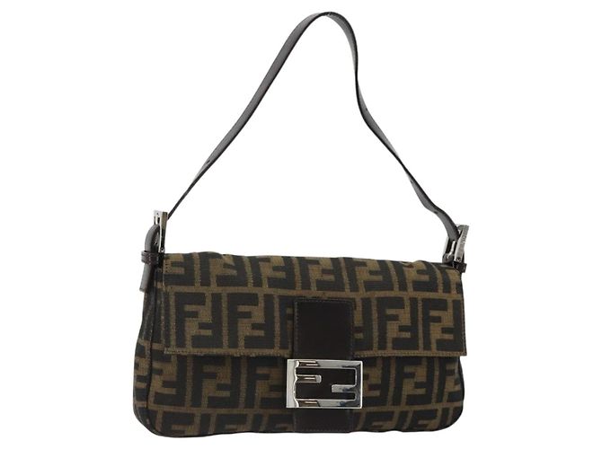 FENDI Zucca Canvas Mamma Baguette Shoulder Bag Black Brown Auth 184908SAM
