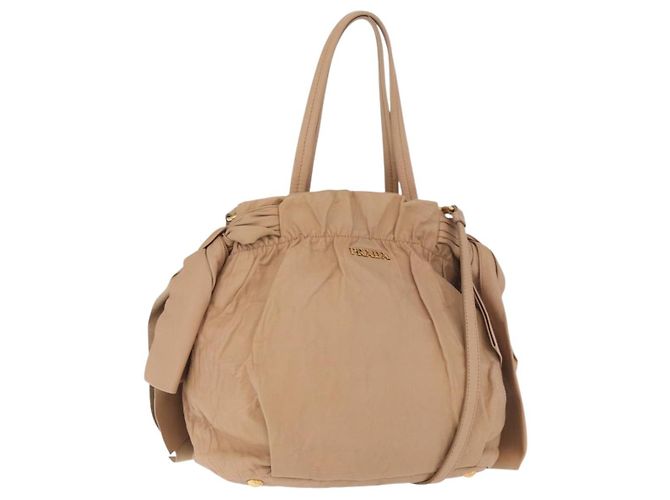 Bolsa Tote PRADA em lona e couro 2way Bege Dourado Auth 185028V