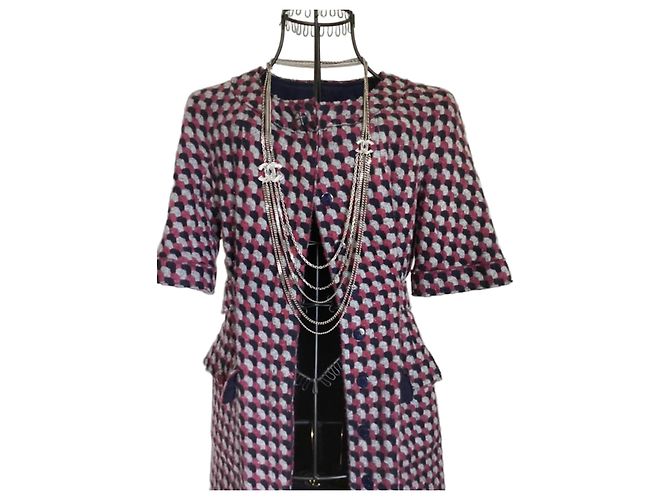 Chanel Tweed-Kleid mit geometrischem Muster Grau Bordeaux Dunkelblau
