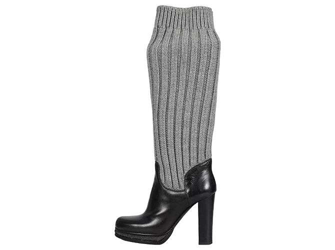 Dolce & Gabbana Black Leather Knitted Boots sz.37 pre-owned