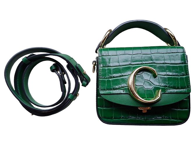 Chloé C Mini Bolsa em Couro Estampa Crocodilo Verde