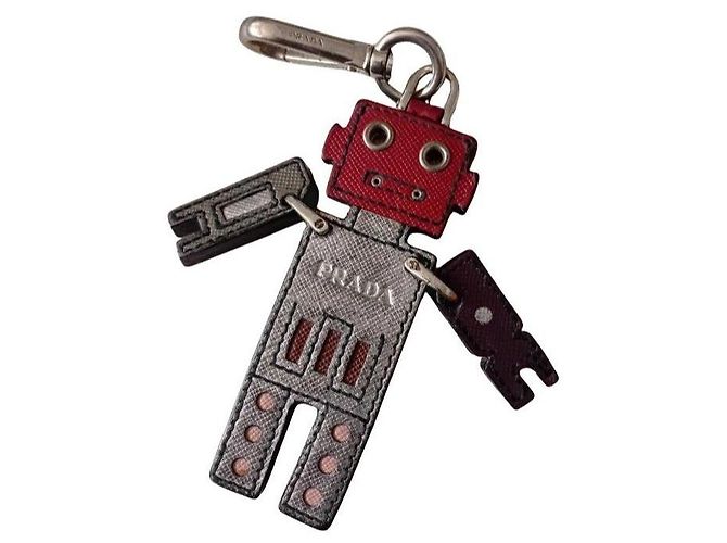 Prada Porte-clés Robot en Cuir Saffiano Rouge Gris Bijouterie argentée