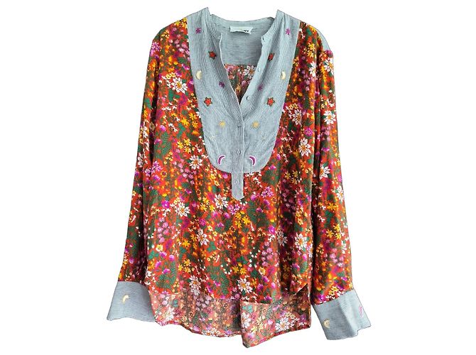 Autre Marque Blusa Monoki Stampa Floreale e Righe Boho Chic Rosa Bianco Rosso Verde Grigio Giallo