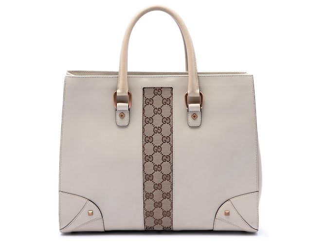 Tote Nailhead em couro de vitelo branco e canvas GG Gucci Cru