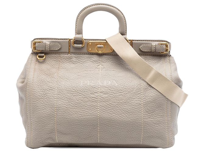 Bolsa Prada Gray Vitello Daino Canapa Logo Frame Marrom Cinza