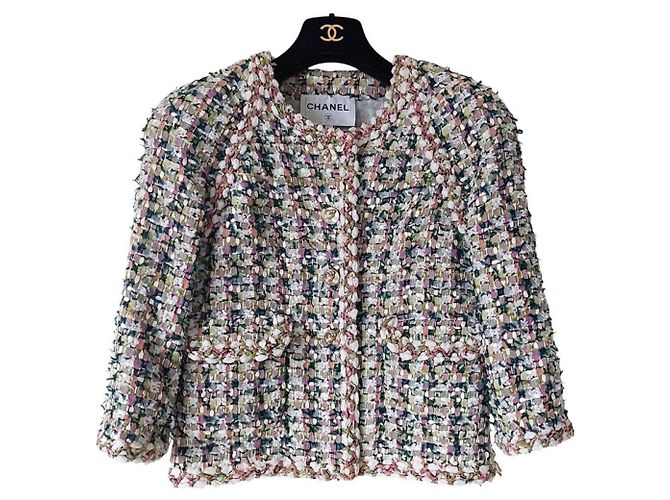 Chanel Multicolor Tweed-Jacke mit Eulen-Knöpfen Pink Weiß Mehrfarben Grün Hellblau Gold hardware
