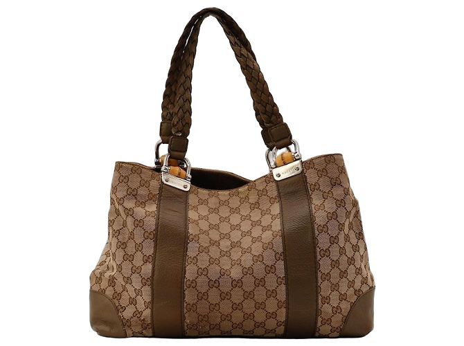 Gucci Borsa Shopper Monogram Canvas Bamboo Marrone