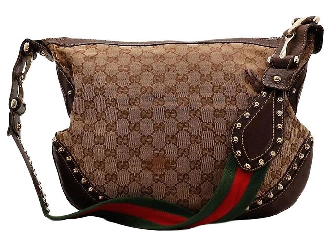 Gucci Bolsa Hobo em Lona Monogram com Tachas Marrom Monograma