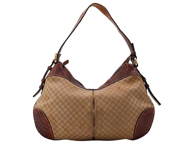 Céline Celine Bolsa de ombro em canvas Monogram e couro de crocodilo Marrom Monograma
