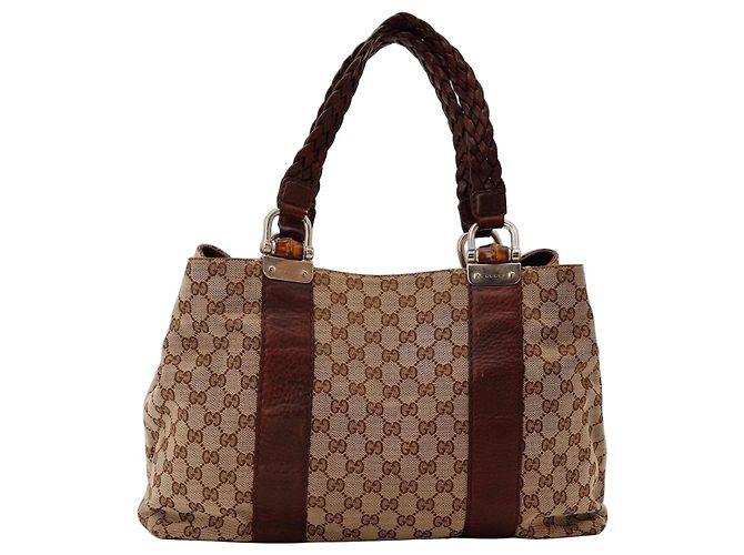 Gucci Bolsa Tote GG Monogram em Lona e Couro Marrom Bege