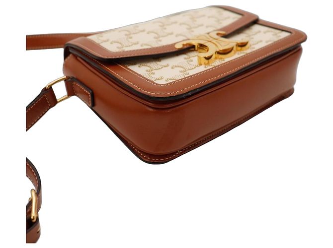 Céline Bolsa Pequena Triomphe em Lona e Pele de Vitelo Marrom Bege