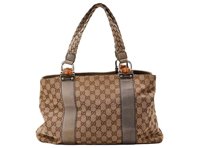 Gucci Bolsa em Canvas Monograma com Alça de Bambu Marrom