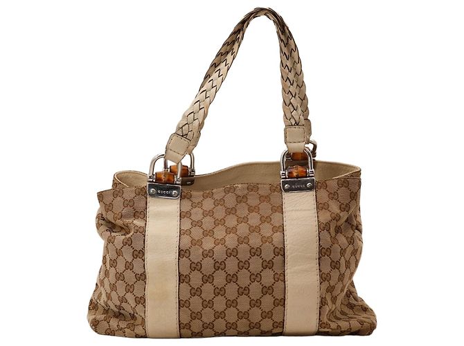 Sac Tote Gucci Monogram Canvas com alça de bambu Marrom Bege