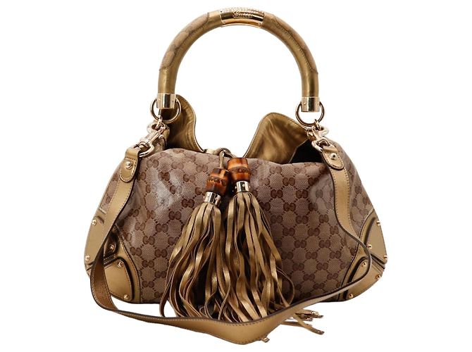 Gucci Bolsa Hobo Monogram Bamboo Tassel Marrom Dourado