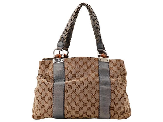 Gucci Sac Cabas Shopper Monogram Canvas Bamboo Marron Gris