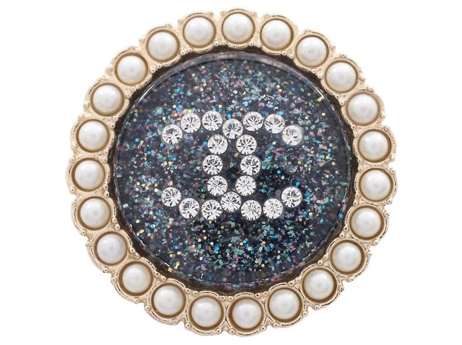 Chanel Coco Mark Glitter Brosche Weiß Blau Golden