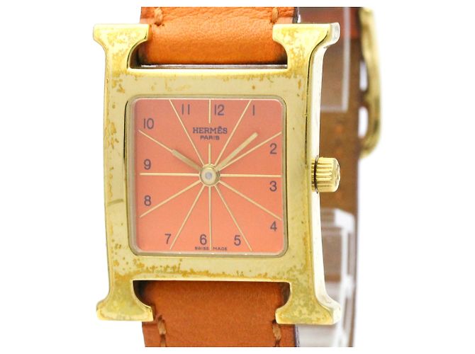 Hermès Relógio de pulso Heure H em couro banhado a ouro com quartzo
