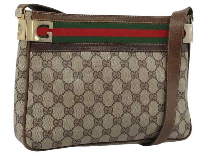 Borsa a tracolla GUCCI GG Supreme Web Sherry Line PVC Beige Oro Auth 186802 D'oro