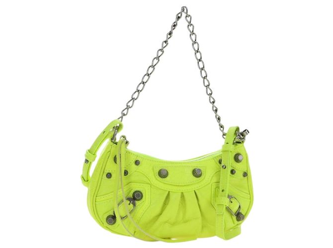 BALENCIAGA Bolsa Mini Le Cagole de couro com corrente 2way Verde Prata Auth 185444M
