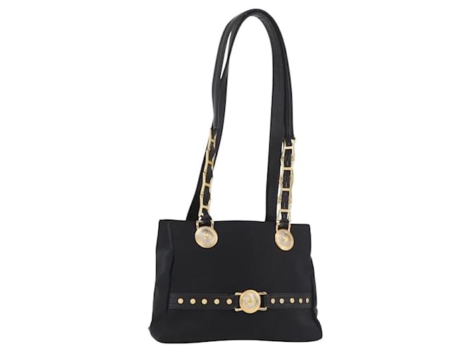 VERSACE Schultertasche Nylon Schwarz Gold Auth 185860 Golden 