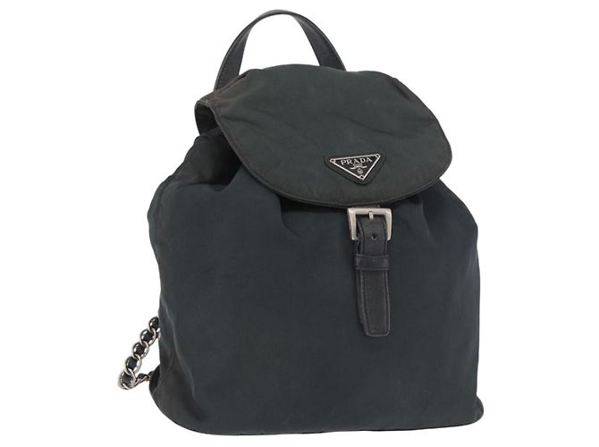 PRADA Chain Shoulder Backpack Nylon Green Silver Auth 185902A Silvery