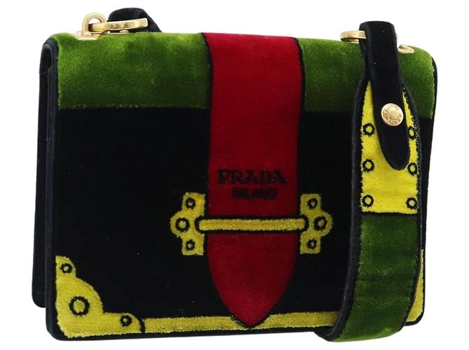 PRADA Schultertasche Samt Schwarz Gold Auth 187500V Golden