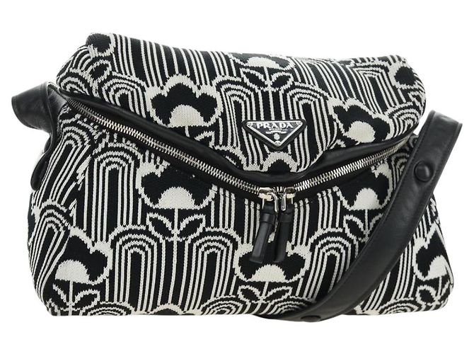 PRADA Shoney Jacquard Shoulder Bag Wool Black White Silver Auth am11907SAM Silvery