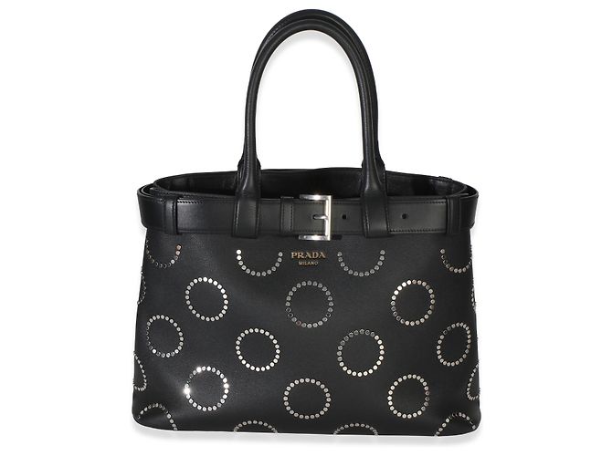Tote Bolsa Prada de fivela grande com tachas em couro de bezerro de grão macio preto com cinto