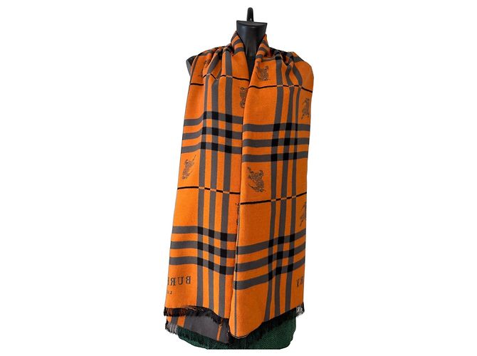 Sciarpa Burberry Check in Cashmere e Lana - Arancione e Grigio