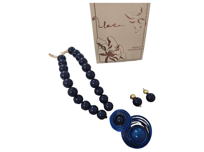 Autre Marque Set Gioielli Collana e Orecchini Blu con Pendente D'oro Blu scuro