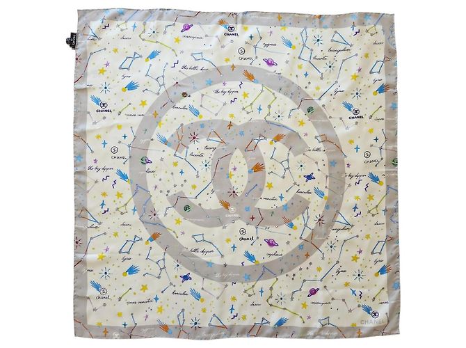 Chanel Constellations Seidentuch Weiß Blau Grün Orange Grau Lila Gelb