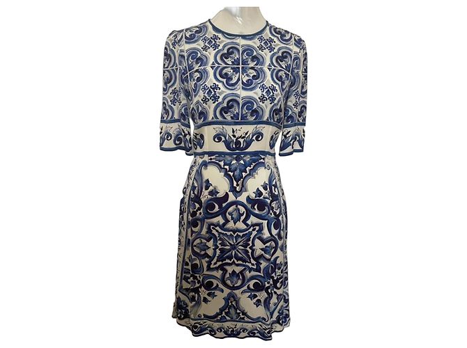 Dolce & Gabbana Blu Mediterraneo Majolica Seidenmaxikleid Weiß Blau