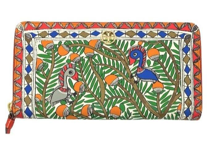 Tory Burch Printed Zip-Around Leather Wallet Brown White Red Blue Green Orange