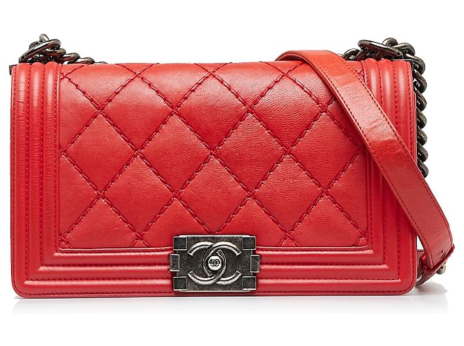 Chanel Red Old Medium Calfskin Double Stitch Boy Flap