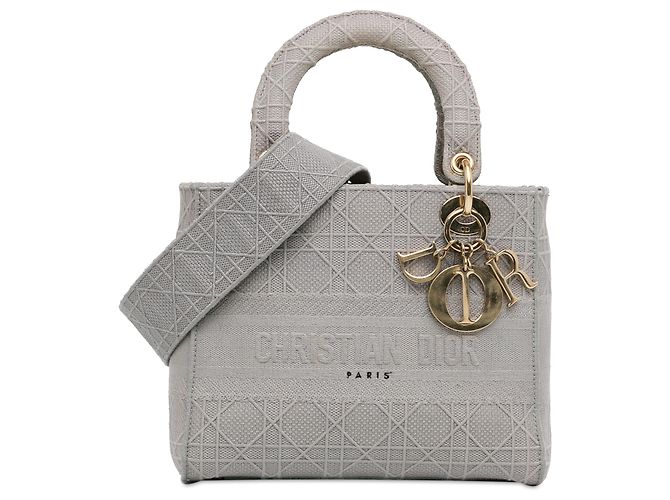 Dior Gris Toile Cannage Lady D Lite Medium Marron