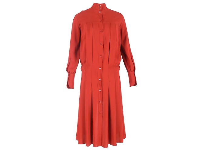 Chloé Mock Neck Back Button-Down Midi Dress in Red Silk